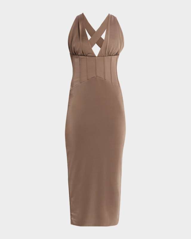 Mischa Deep V-Neck Corset Midi Dress